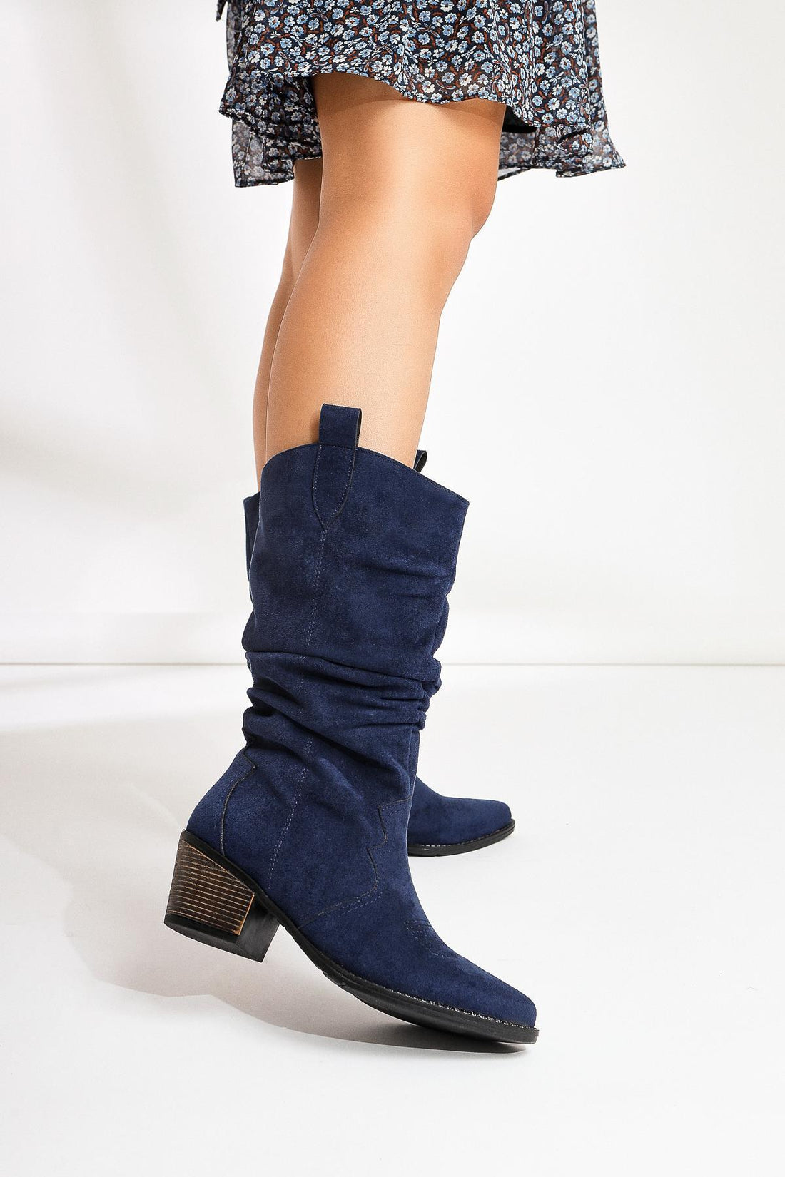 Lise-Britt Lacivert Süet Körüklü Nakışlı Western Bot