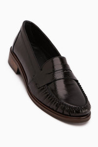 Fosia Hakiki Deri Siyah Rugan Penny Loafer Kadın Ayakkabı