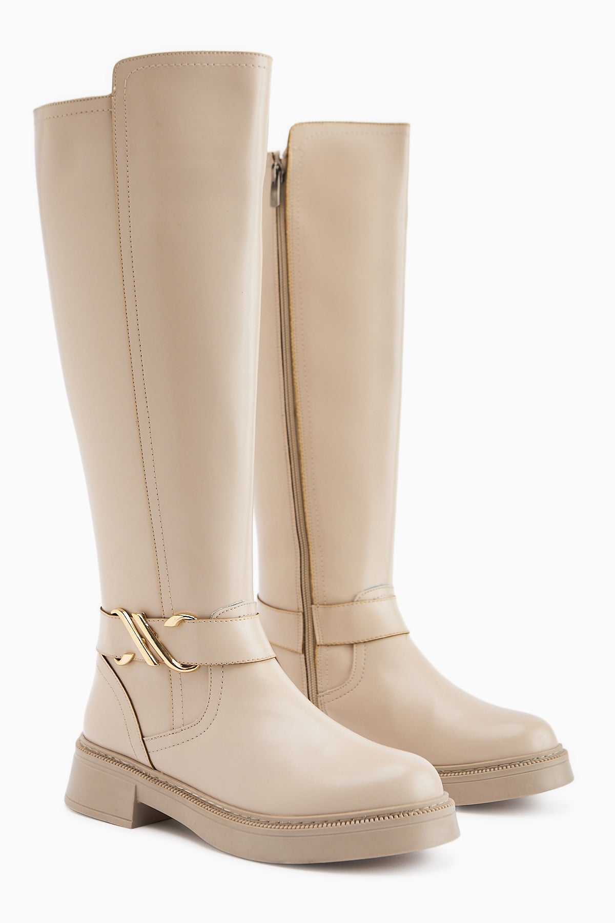 Birgita Bej Toka Detaylı Fermuarlı Çizme