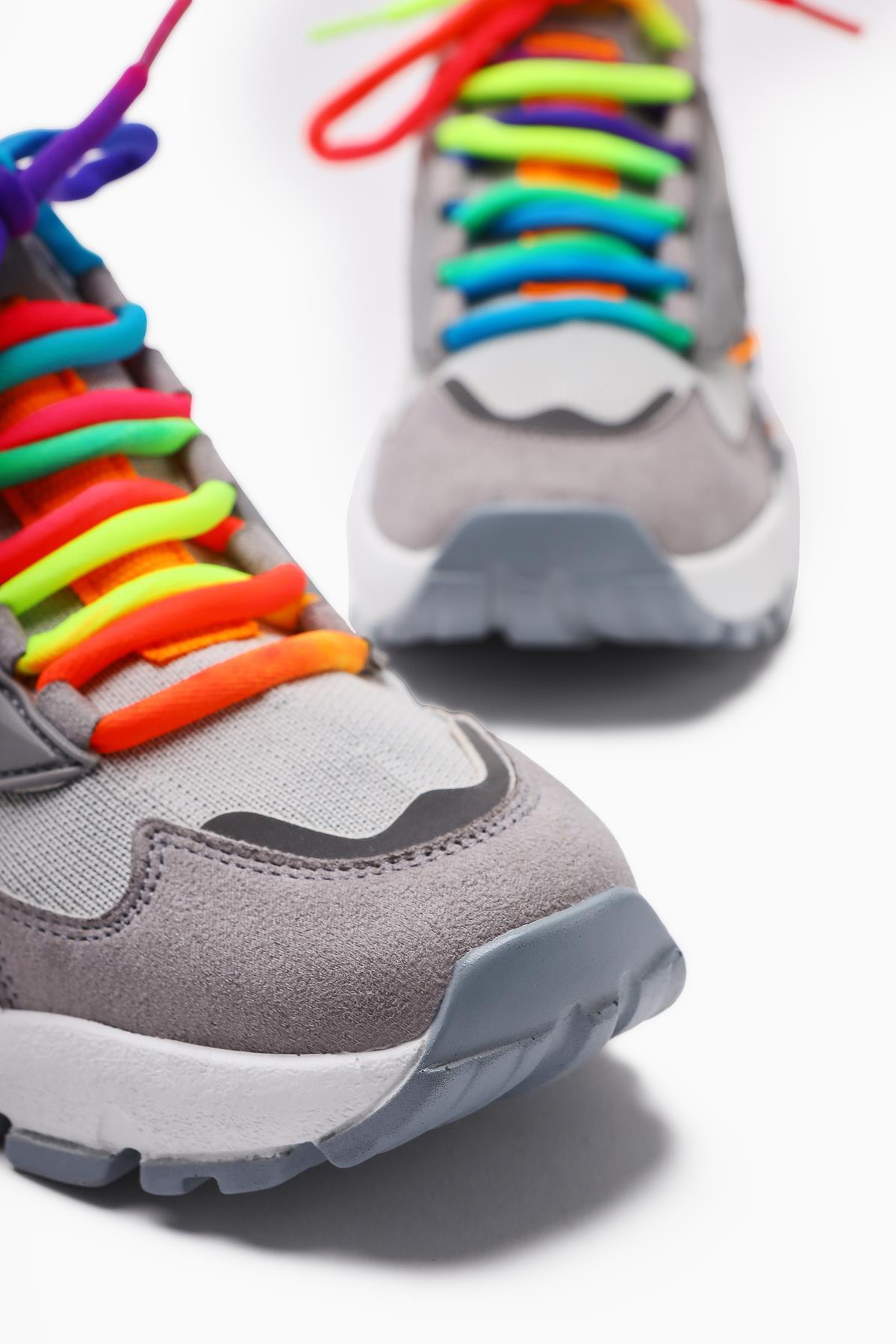 Anabell Gri Triko Süet Detaylı Renkli Bağcıklı Kadın Sneakers