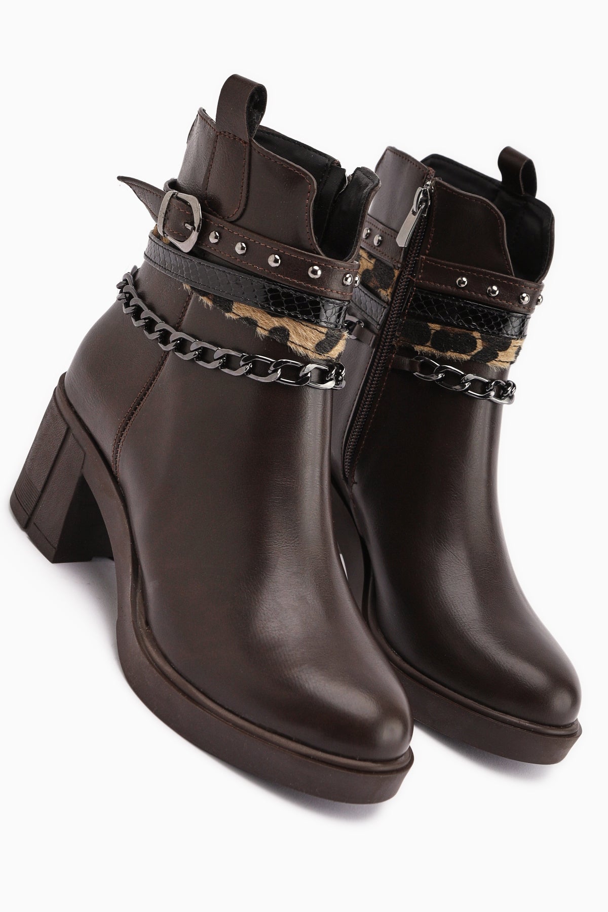 Anissa Kahve Zincir ve Kemer Detaylı Kalın Topuklu Kadın Bot