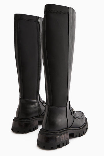 Meli Siyah Streç Geniş Konç Toka Detaylı Dalgıç Kumaşlı Tokalı Çizme