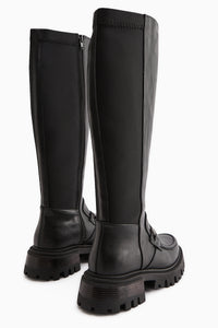 Meli Siyah Streç Geniş Konç Toka Detaylı Dalgıç Kumaşlı Tokalı Çizme