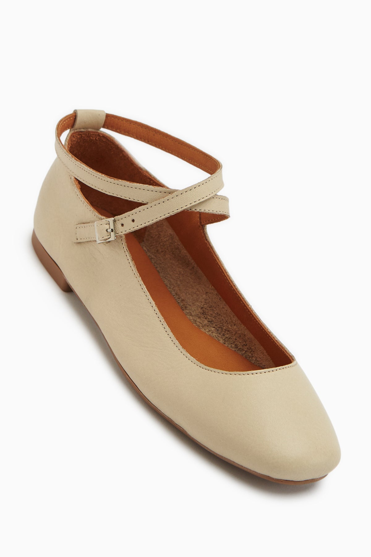 Ameli Hakiki Deri Bej Çapraz Bantlı Balerin Kadın Ayakkabısı