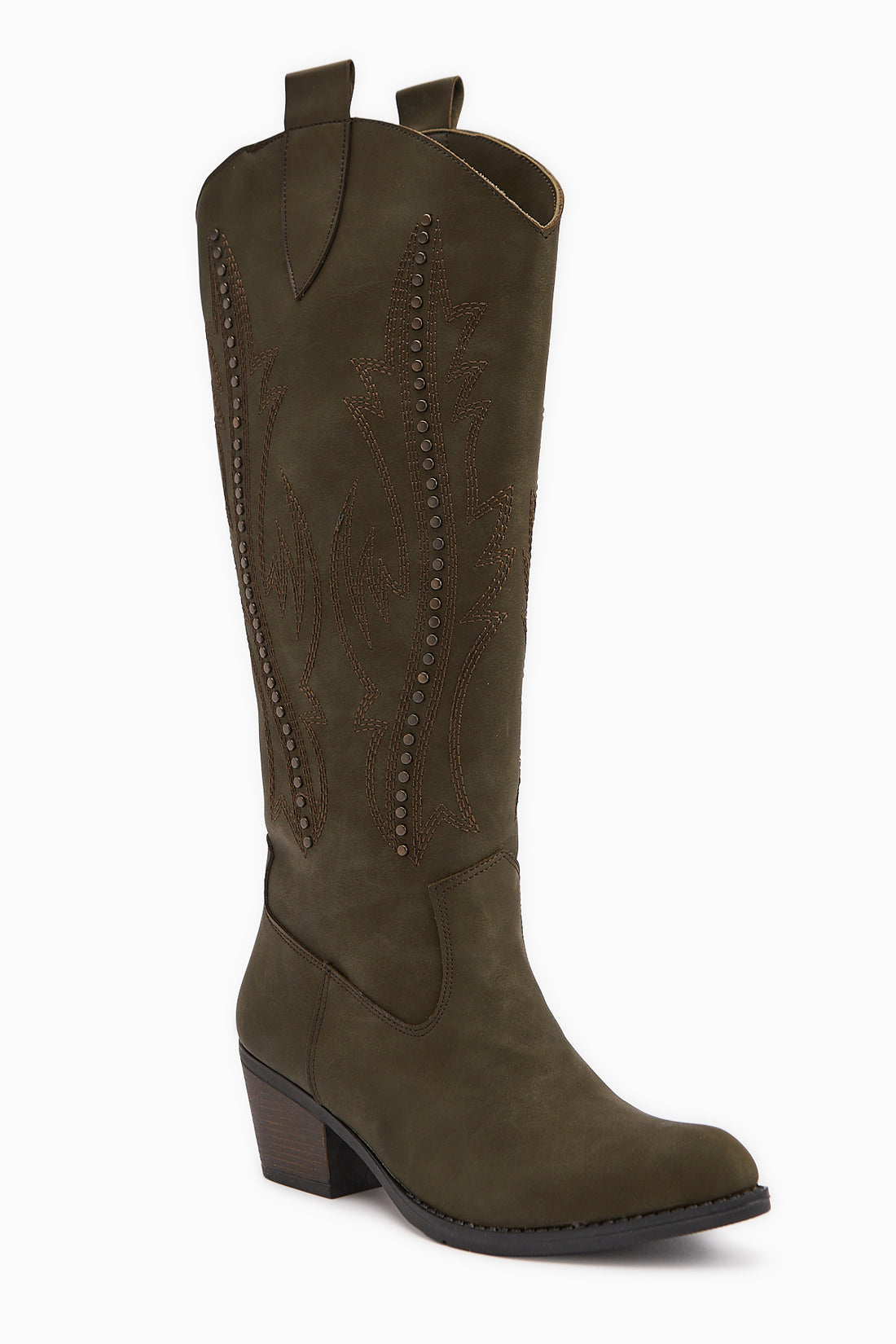 Fizaro Haki Sivri Burunlu Nakışlı Zımba Detaylı Western Çizme