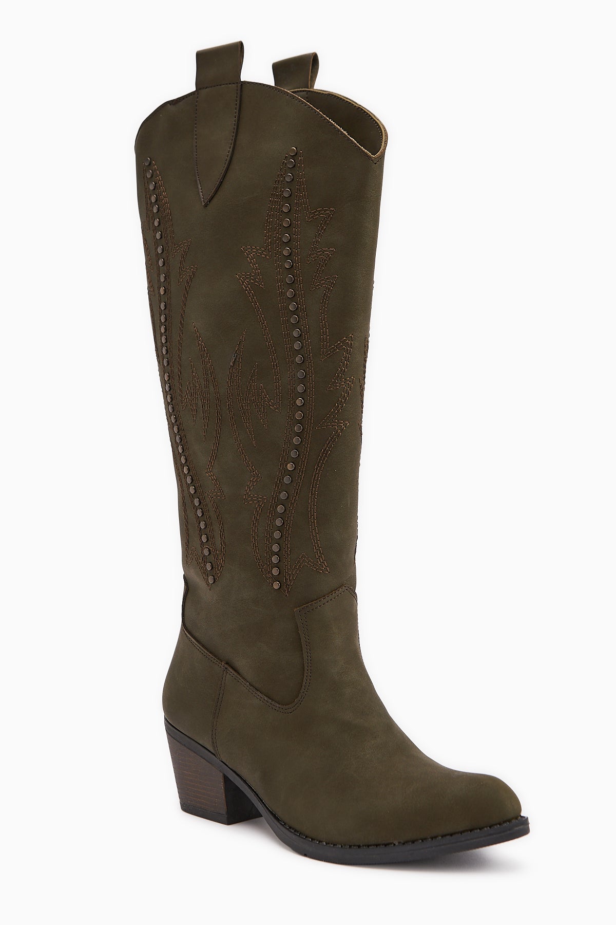 Fizaro Haki Sivri Burunlu Nakışlı Zımba Detaylı Western Çizme