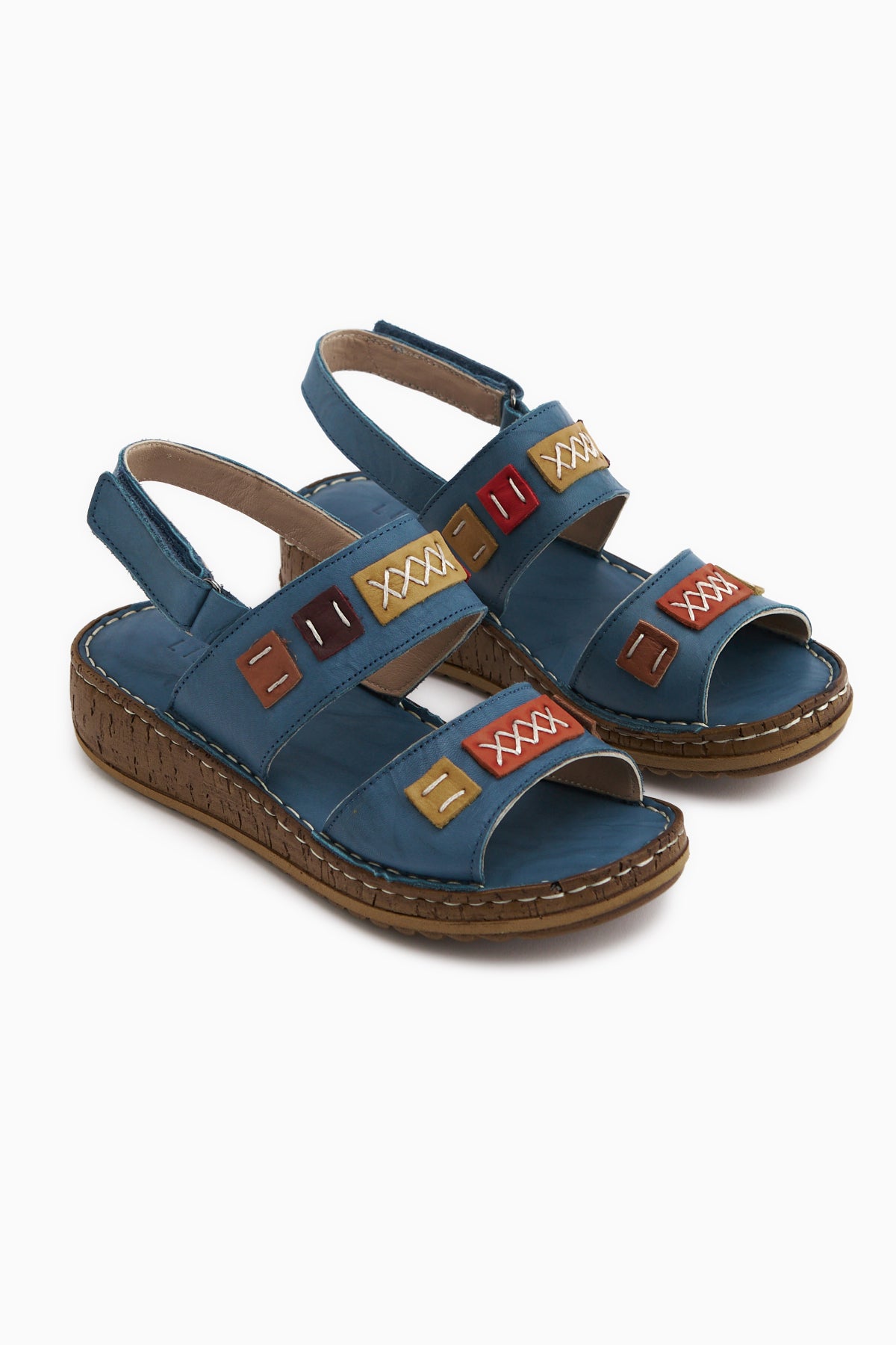 Loreta Hakiki Deri Mavi Çift Bantlı Kadın Sandalet
