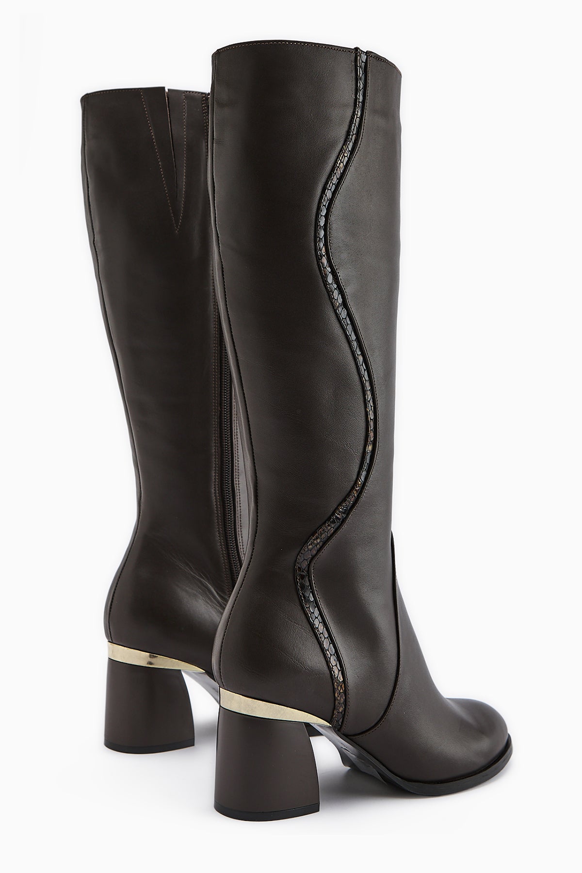 Kaylin Hakiki Deri Kahve Yılan Desenli Detaylı Kadın Topuklu Çizme