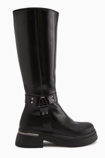 Lani Siyah Rugan Toka ve Zımba Detaylı Kalın Tabanlı Çizme