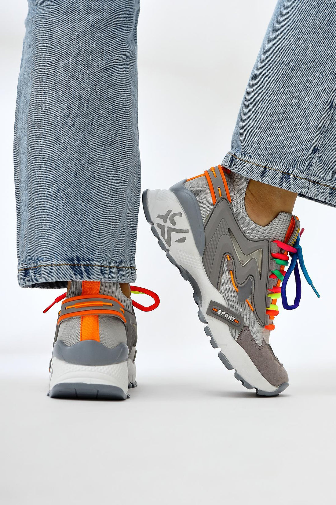 Anabell Gri Triko Süet Detaylı Renkli Bağcıklı Kadın Sneakers