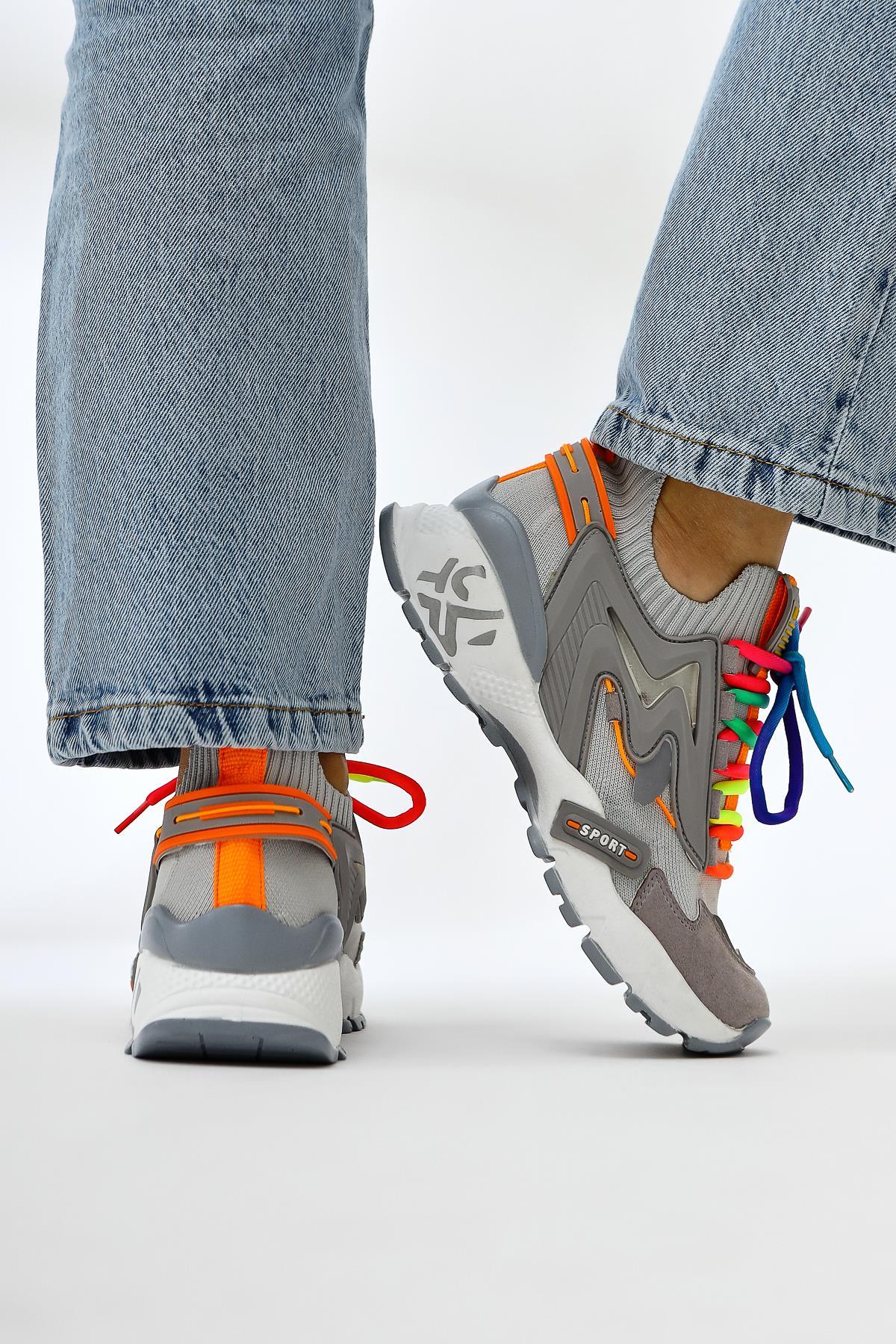 Anabell Gri Triko Süet Detaylı Renkli Bağcıklı Kadın Sneakers
