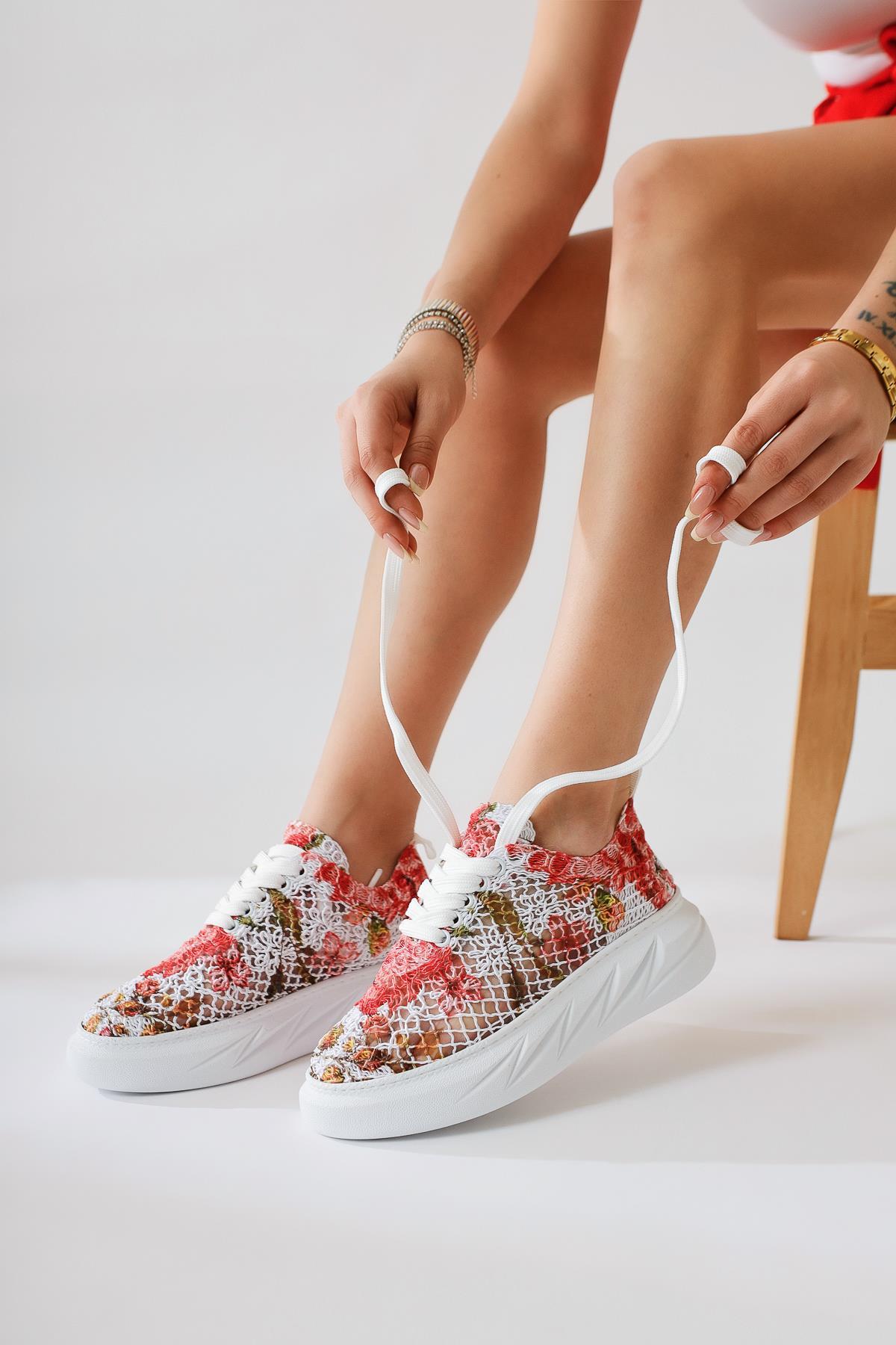 Biba Kırmızı Triko Desen Baskılı Bağcıklı Sneaker