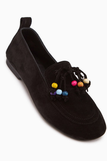 Benita Hakiki Deri Siyah Boncuk Detaylı Püsküllü Loafer Kadın Günlük Ayakkabı