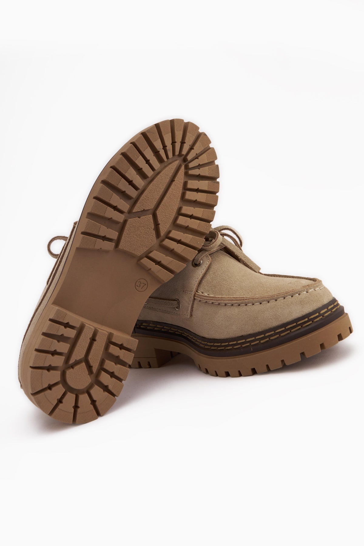 Matina Hakiki Deri Bej Süet Bağcıklı Kalın Taban Kadın Loafer Ayakkabı