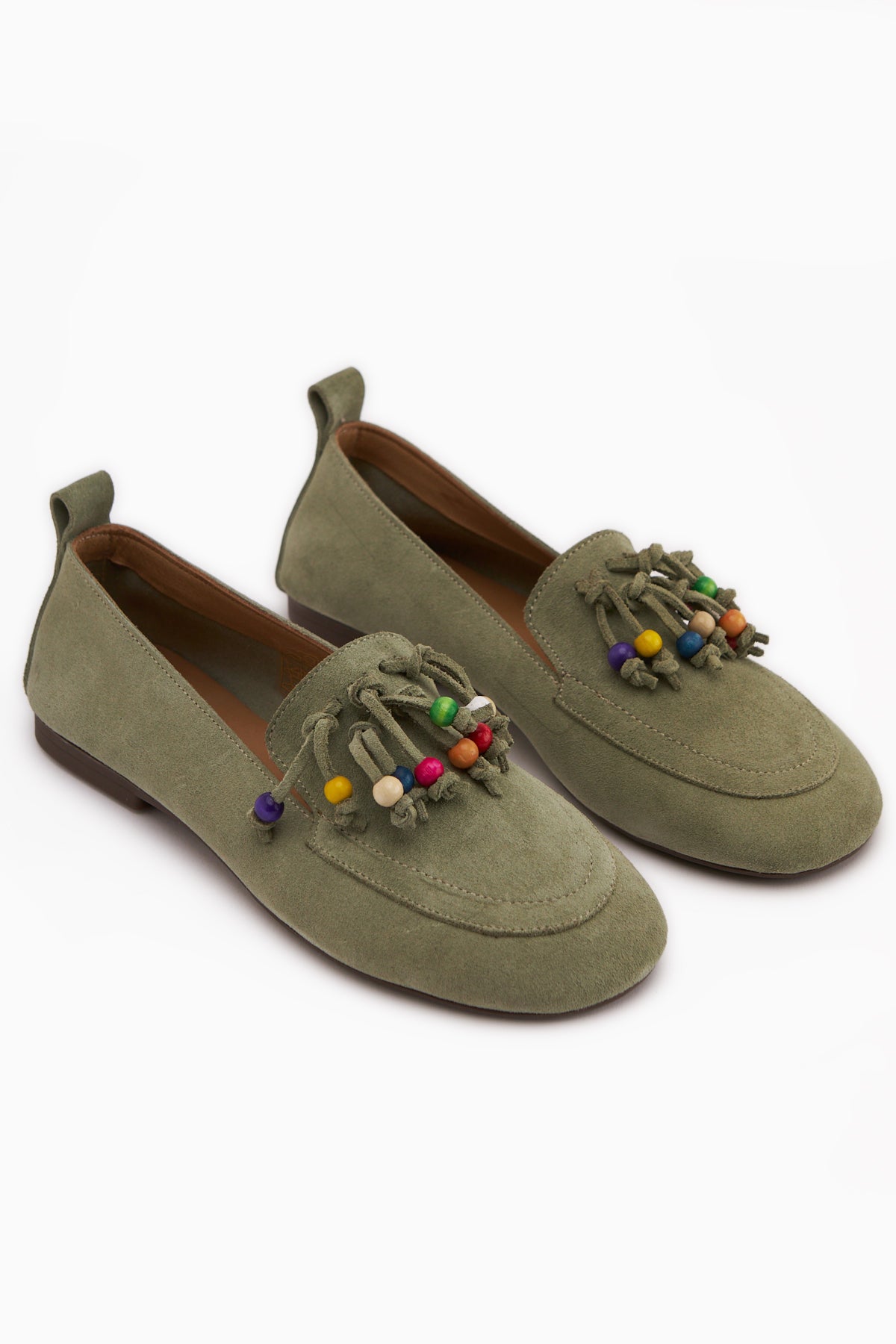 Benita Hakiki Deri Haki Boncuk Detaylı Püsküllü Loafer Kadın Günlük Ayakkabı