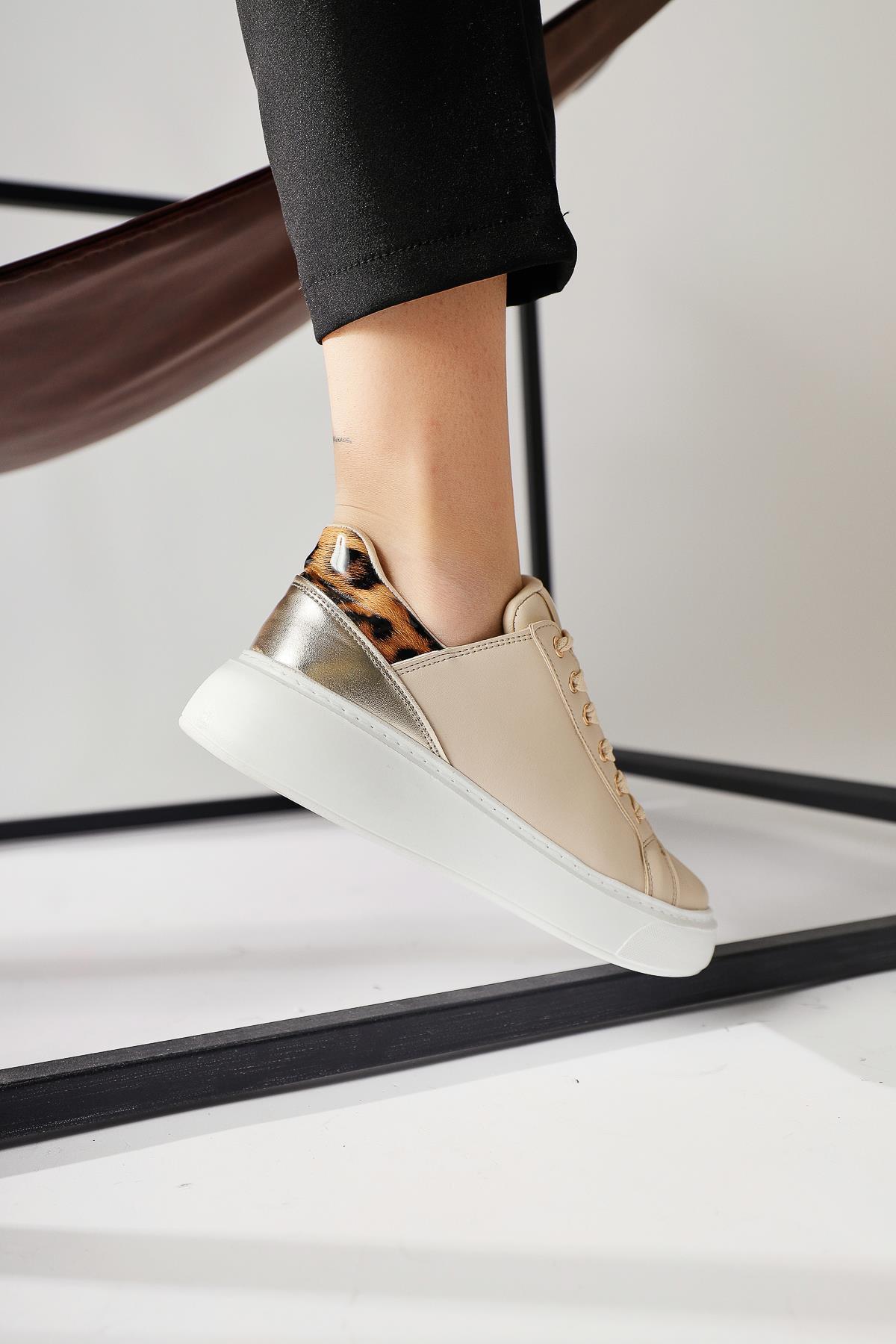 Tinka Krem Kalın Tabanlı Leopar Detaylı Sneakers