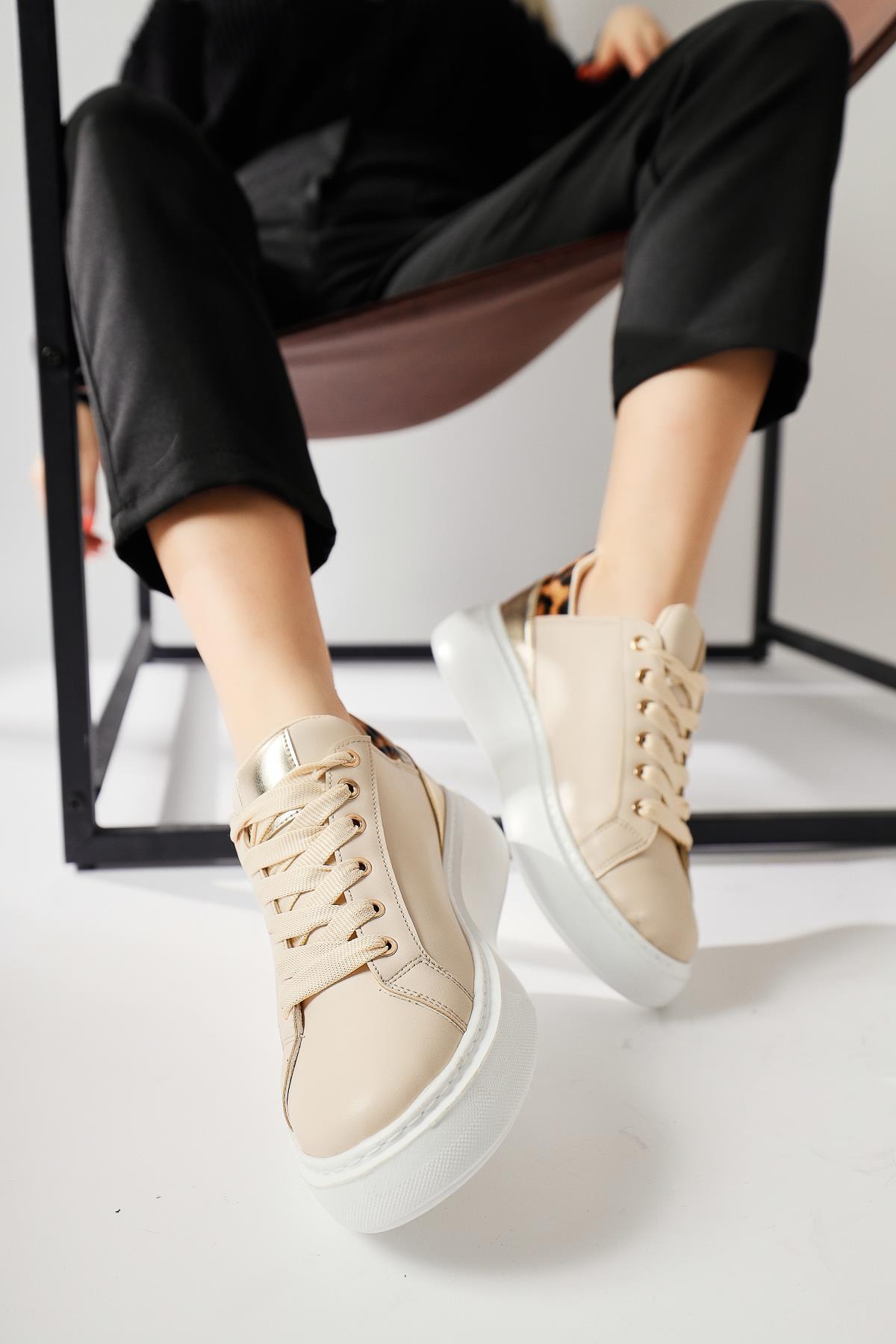 Tinka Krem Kalın Tabanlı Leopar Detaylı Sneakers