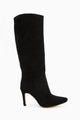 Lucine Siyah Süet Sivri Burunlu İnce Topuklu Çekme Çizme