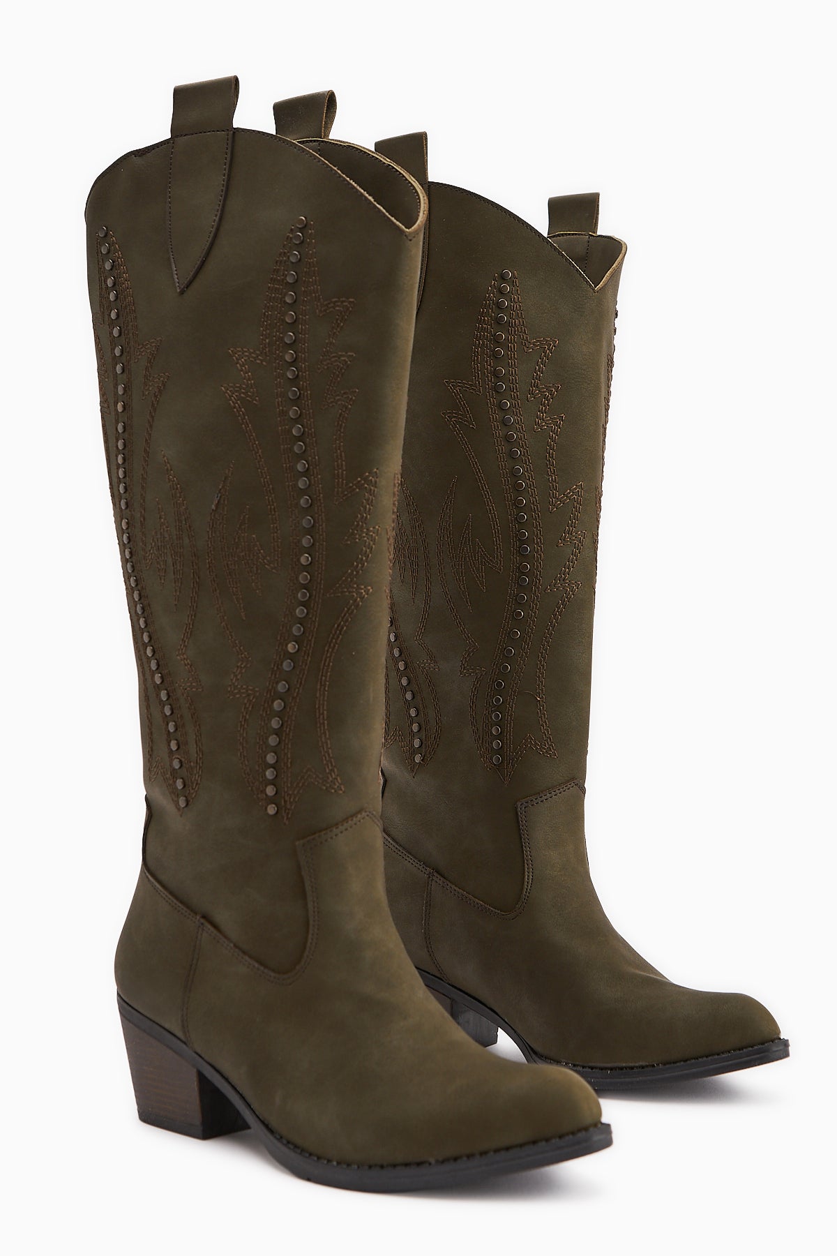 Fizaro Haki Sivri Burunlu Nakışlı Zımba Detaylı Western Çizme