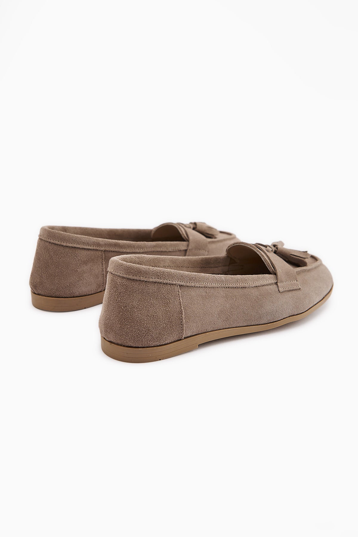 Doris Hakiki Deri Bej Süet Püsküllü Kadın Loafer Ayakkabı
