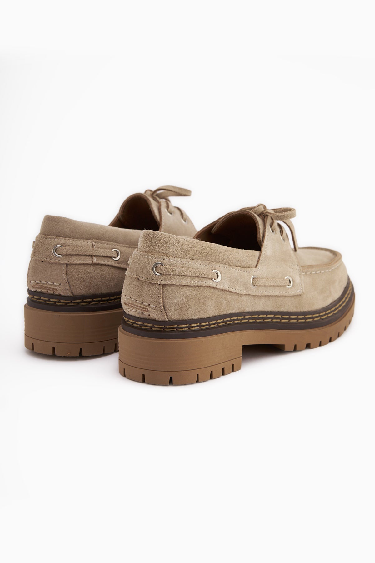 Matina Hakiki Deri Bej Süet Bağcıklı Kalın Taban Kadın Loafer Ayakkabı