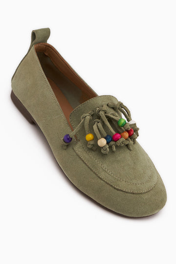Benita Hakiki Deri Haki Boncuk Detaylı Püsküllü Loafer Kadın Günlük Ayakkabı