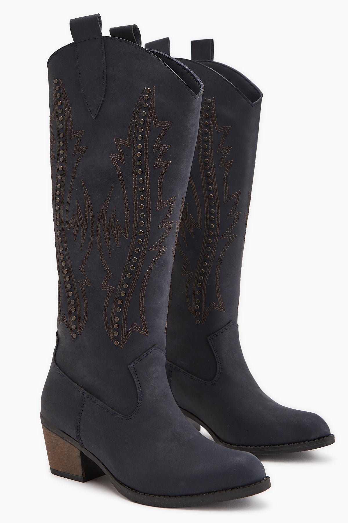 Fizaro Lacivert Sivri Burunlu Nakışlı Zımba Detaylı Western Çizme