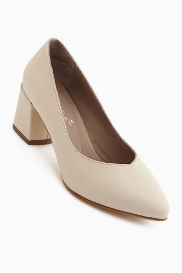 Ferida Hakiki Deri Bej Kalın Topuklu Kadın Ayakkabı