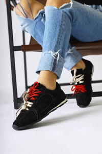 Hakiki Deri Sue Siyah Süet Çift Bağcıklı Sneakers