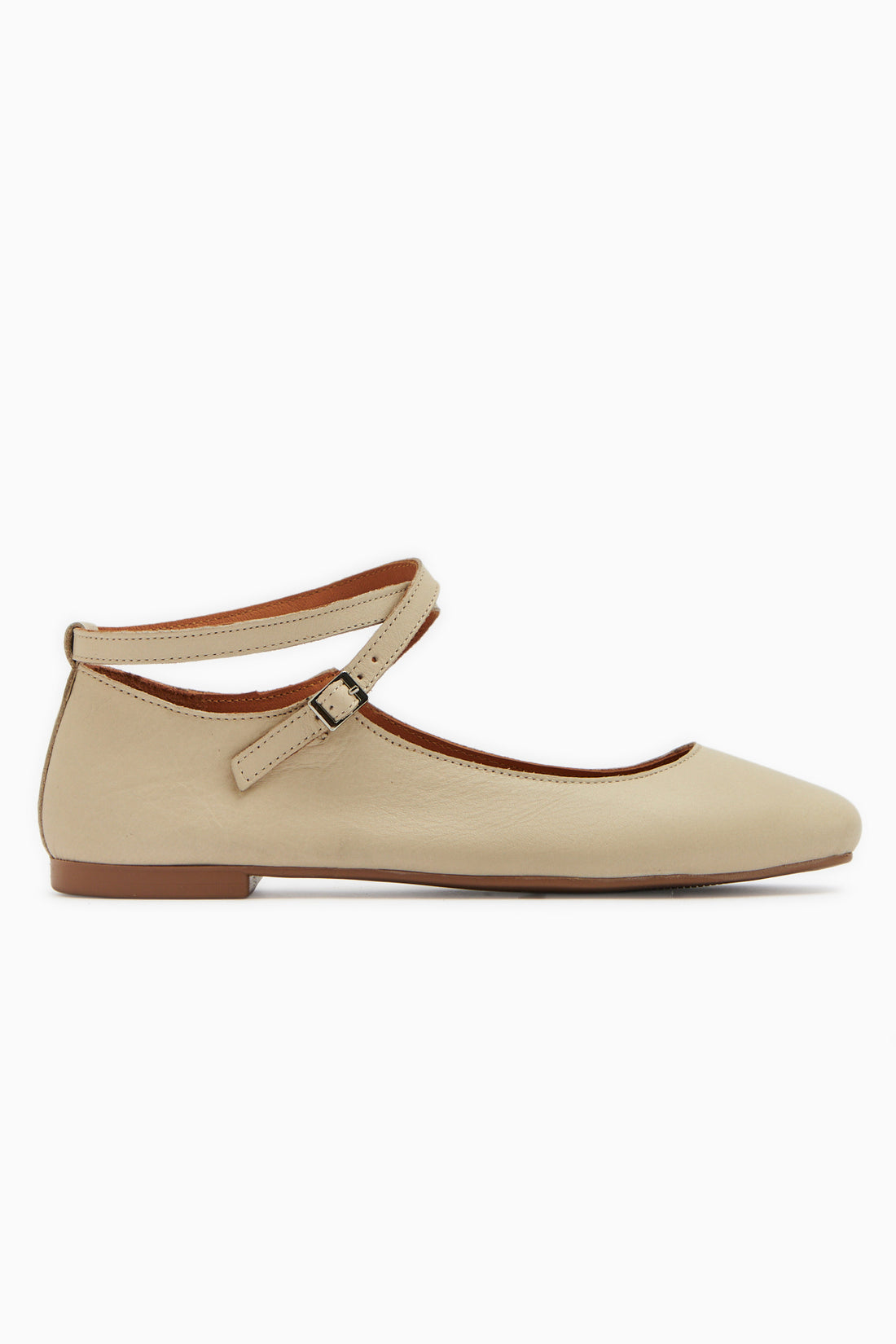 Ameli Hakiki Deri Bej Çapraz Bantlı Balerin Kadın Ayakkabısı
