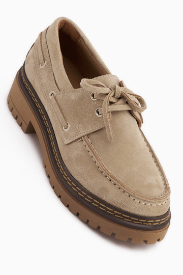 Matina Hakiki Deri Bej Süet Bağcıklı Kalın Taban Kadın Loafer Ayakkabı