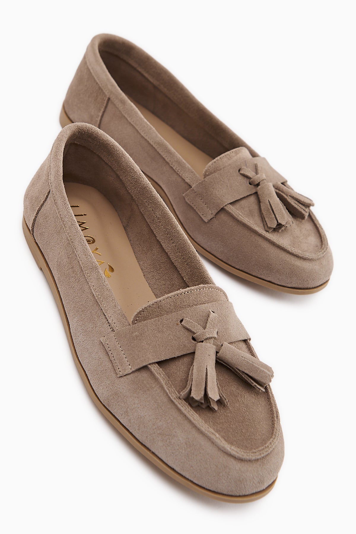 Doris Hakiki Deri Bej Süet Püsküllü Kadın Loafer Ayakkabı