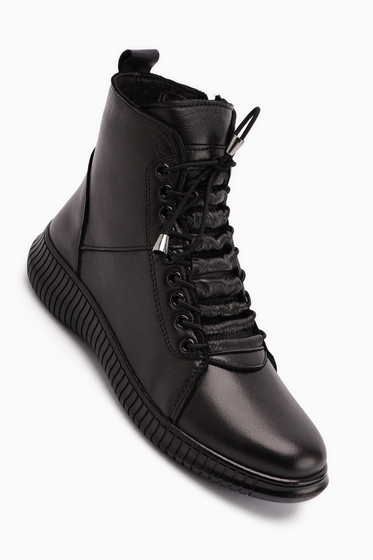 Jina Hakiki Deri Siyah Bağcıklı Kadın Bot