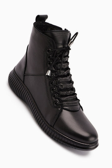 Jina Hakiki Deri Siyah Bağcıklı Kadın Bot