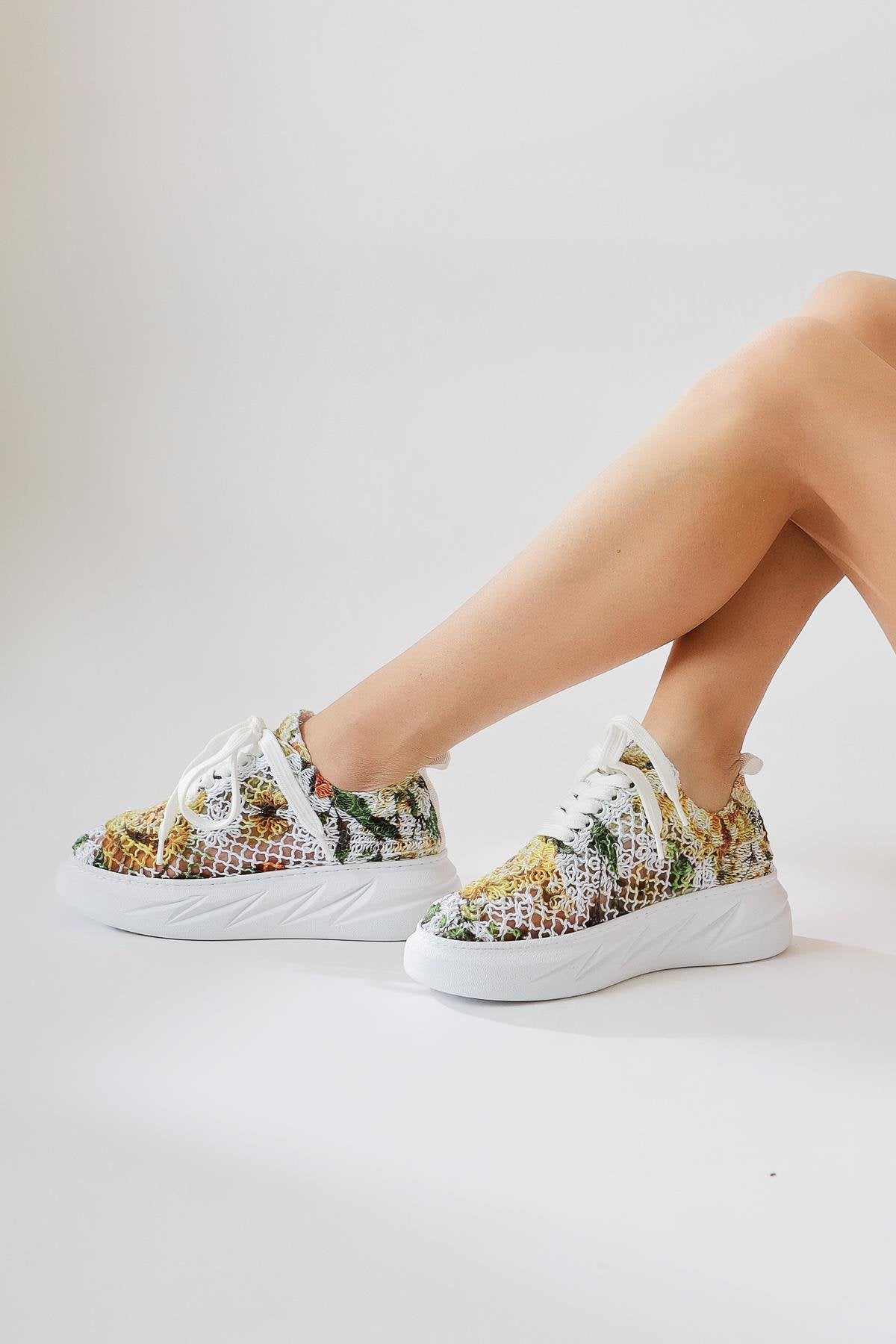 Biba Sarı Triko Desen Baskılı Bağcıklı Sneaker