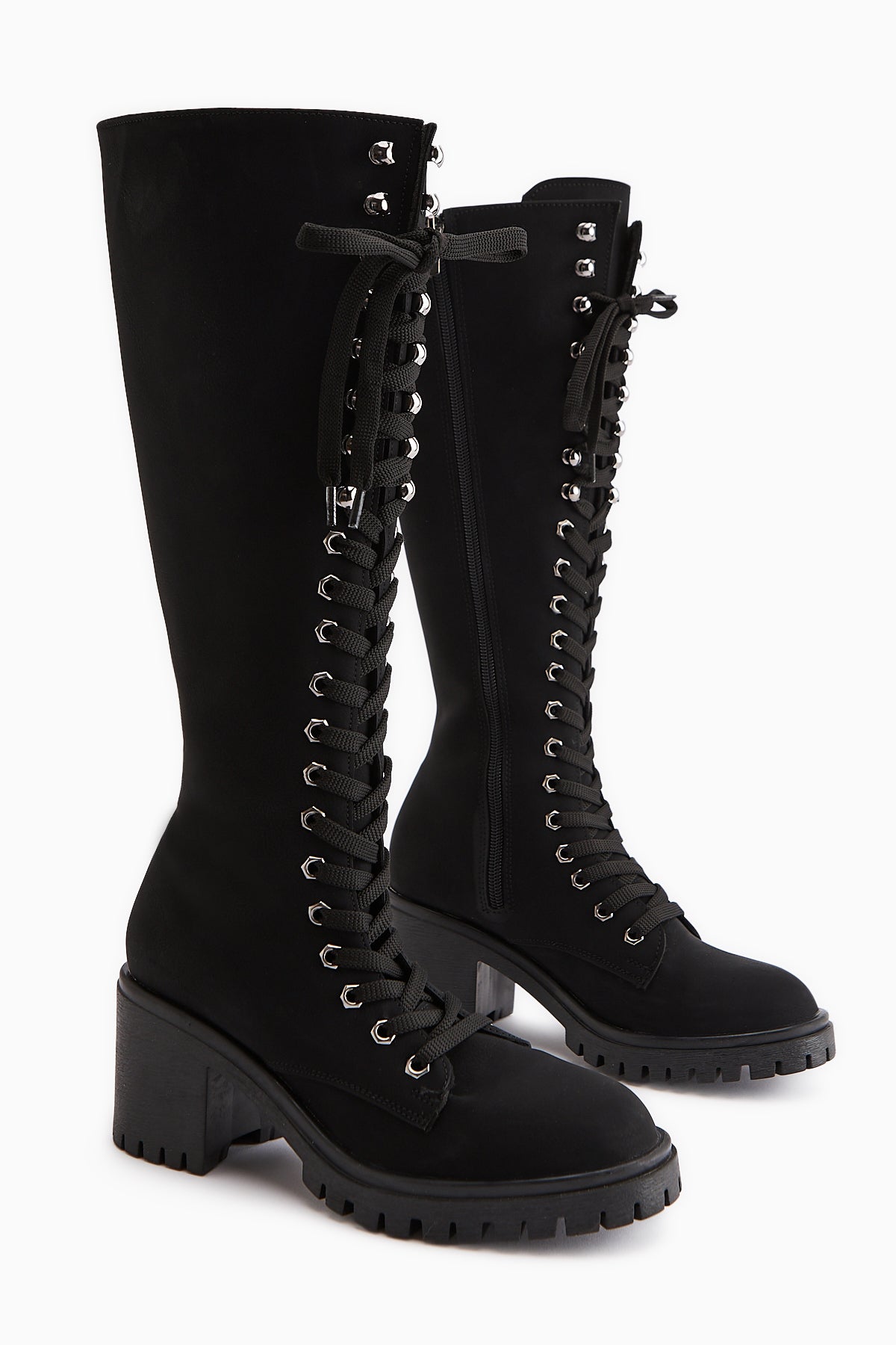 Bella Siyah Bağcıklı ve Fermuarlı Oval Burunlu Topuklu Kadın Çizme