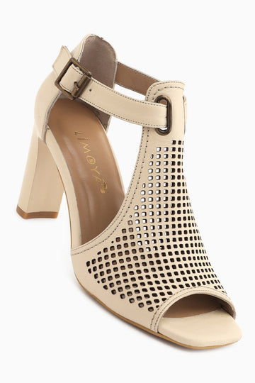 Monica Hakiki Deri Bej Bilekten Tokalı Kalın Topuklu Kadın Ayakkabı