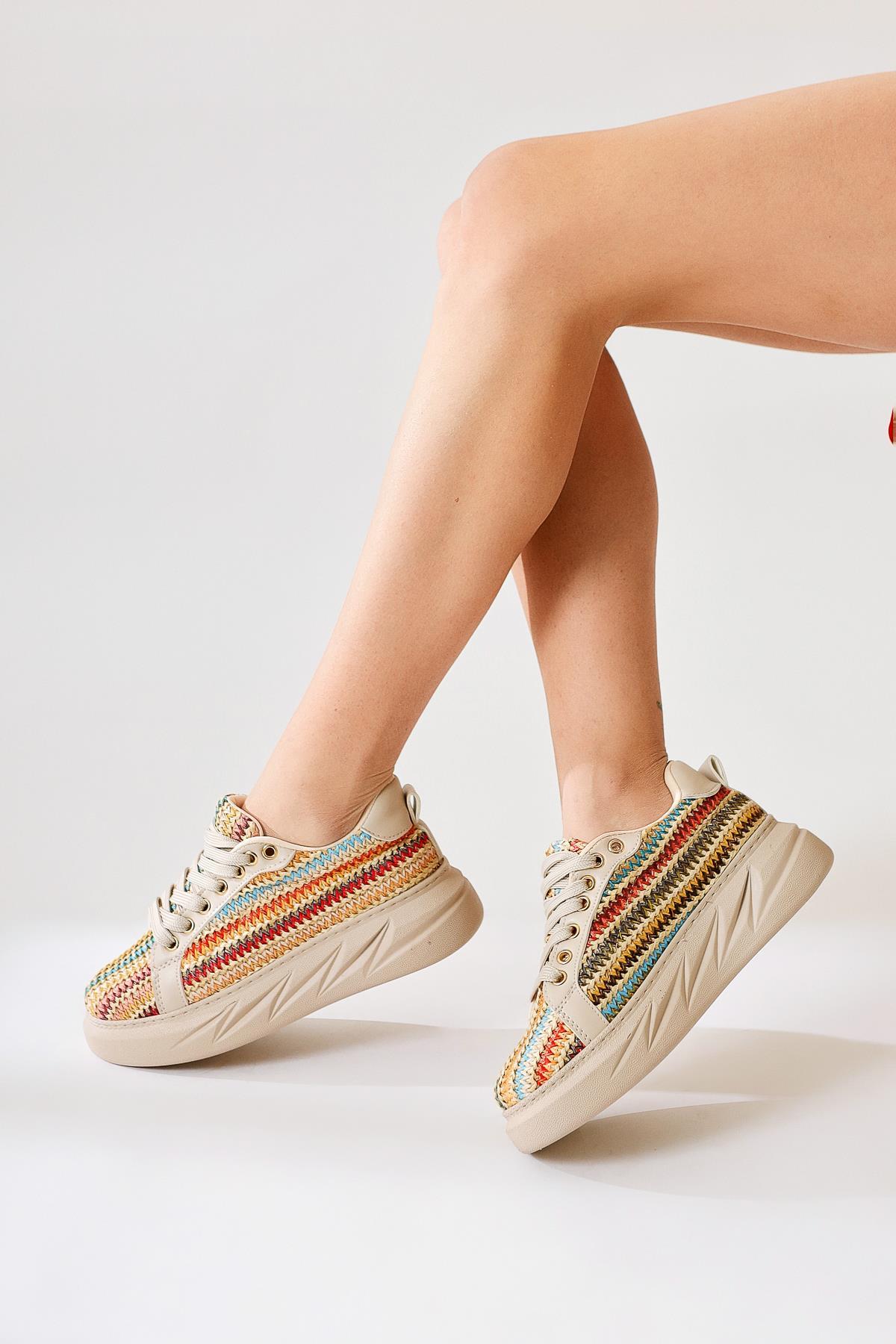 Silfa Bej Örgü Desenli Yüksek Taban Bağcıklı Sneakers