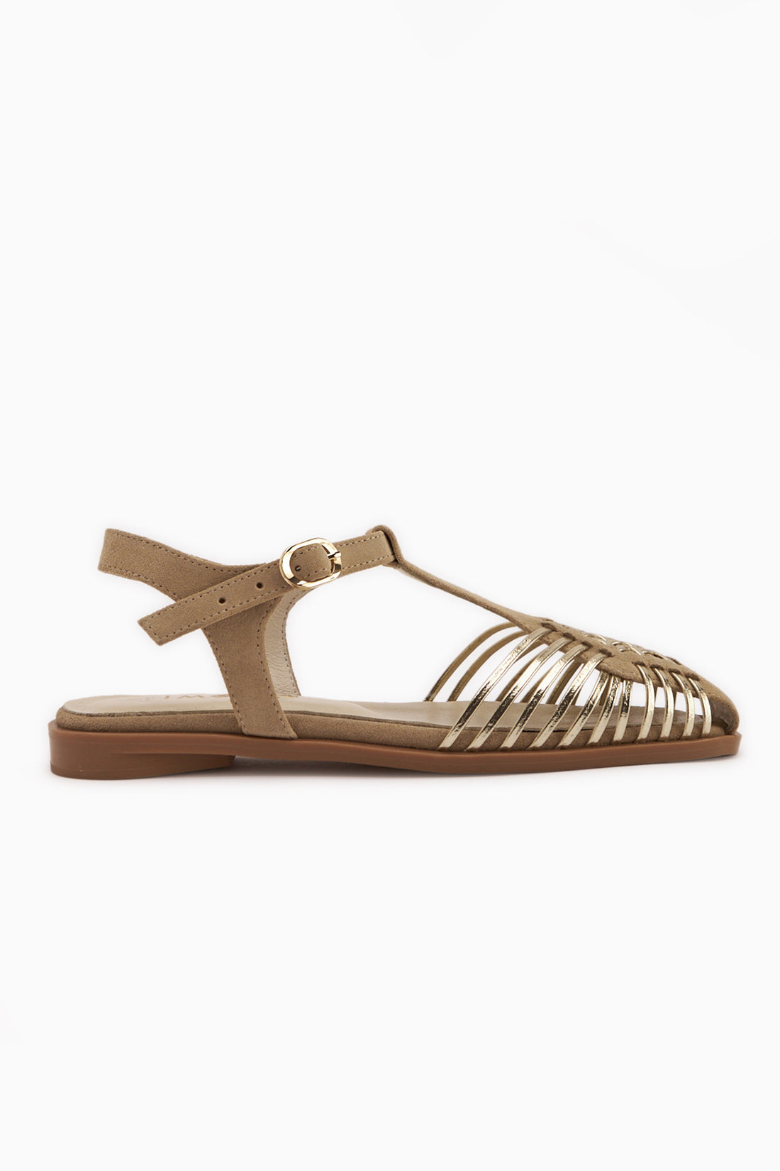 Kelly Hakiki Deri Bej Süet Kafes Detaylı Kemerli Kadın Sandalet