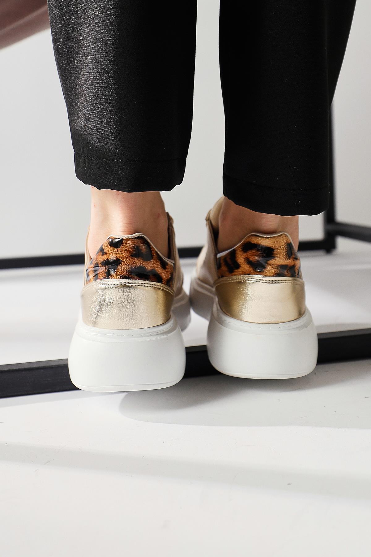 Tinka Krem Kalın Tabanlı Leopar Detaylı Sneakers