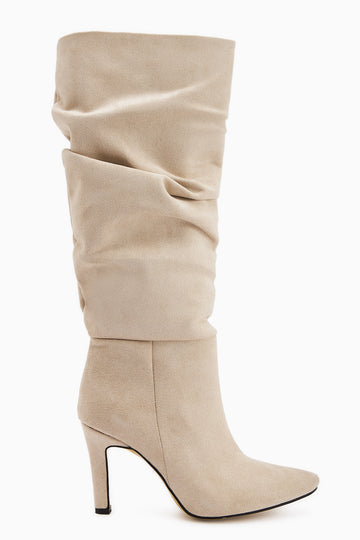 Rimaz Ten Süet Körüklü Uzun Sivri Topuklu Çizme