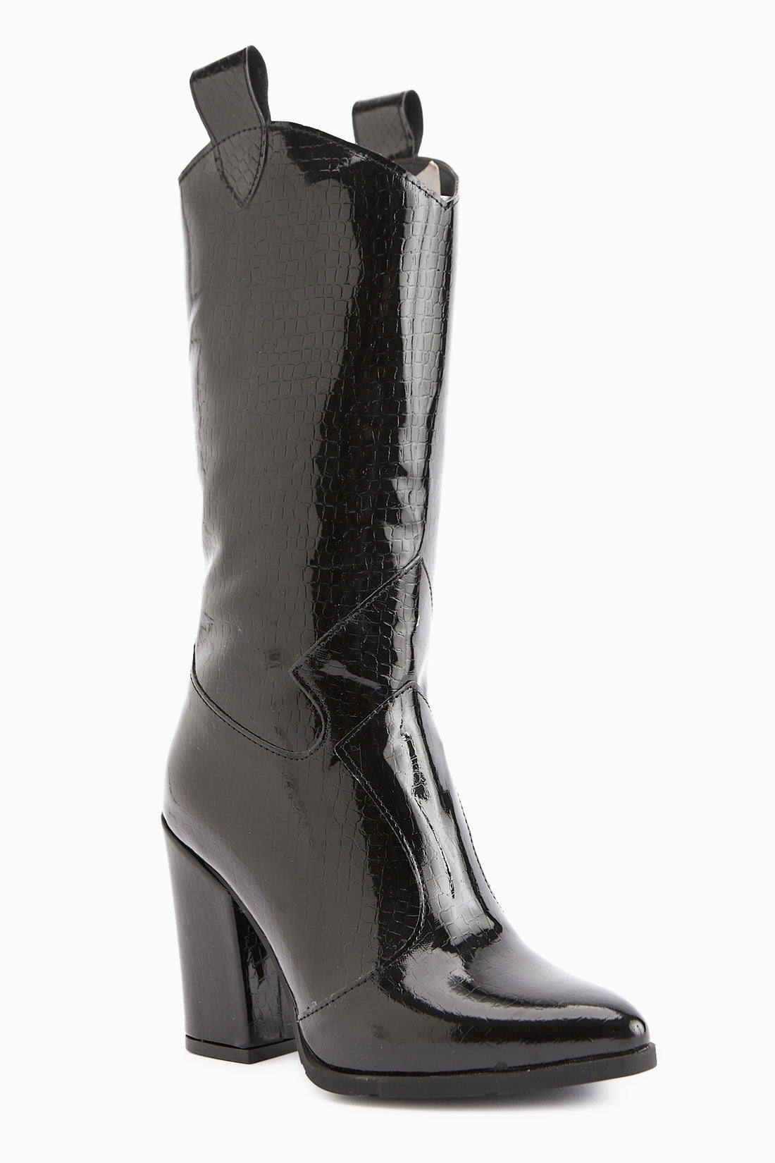 Keri Siyah Kroko Asimetrik Kesim Topuklu Kısa Çizme