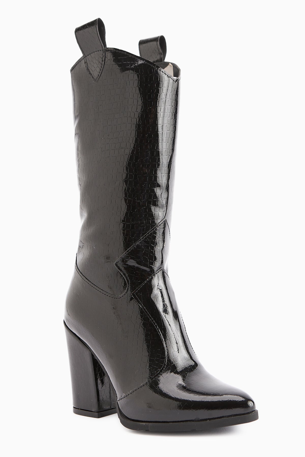 Keri Siyah Kroko Asimetrik Kesim Topuklu Kısa Çizme