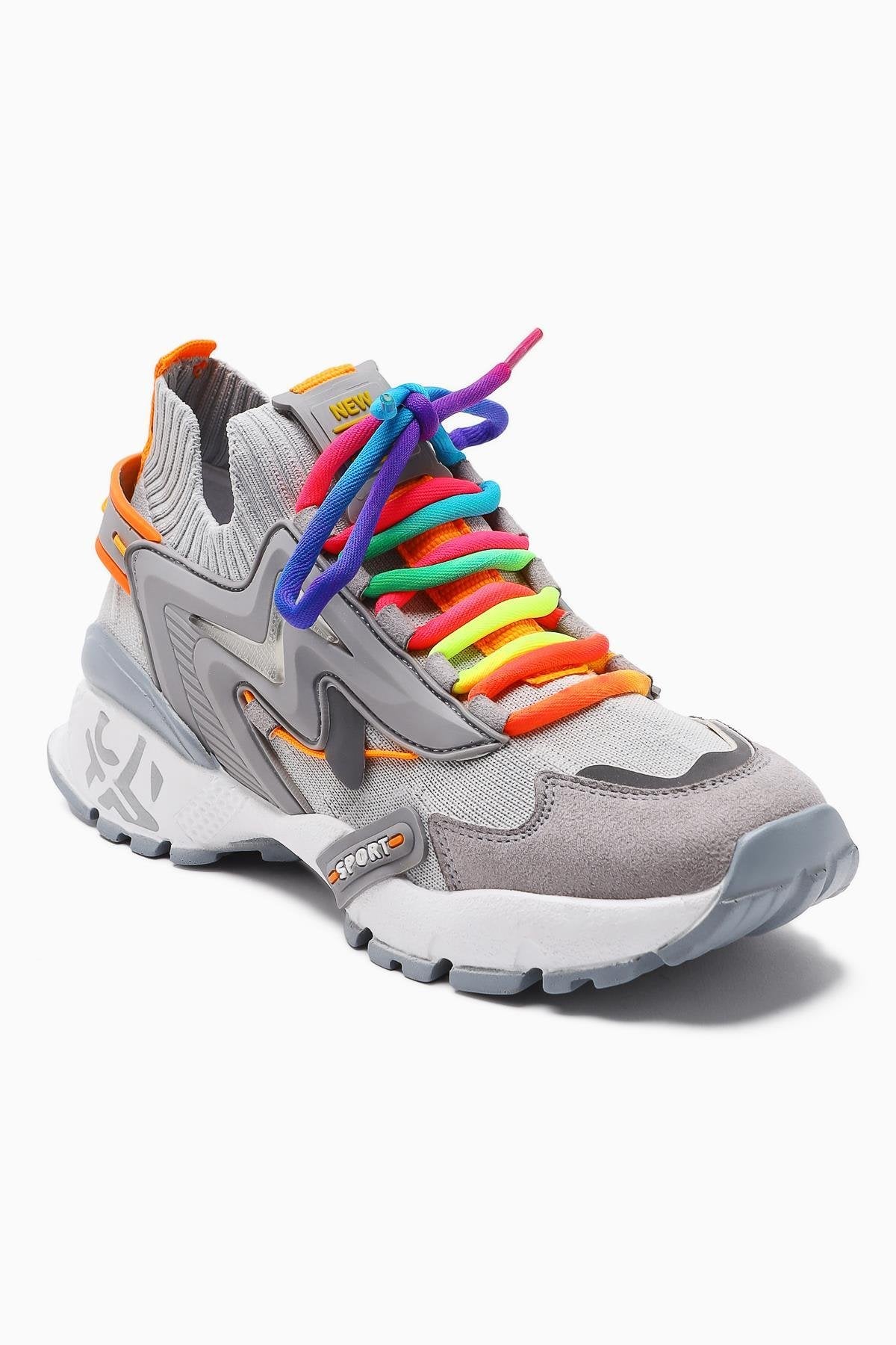Anabell Gri Triko Süet Detaylı Renkli Bağcıklı Kadın Sneakers