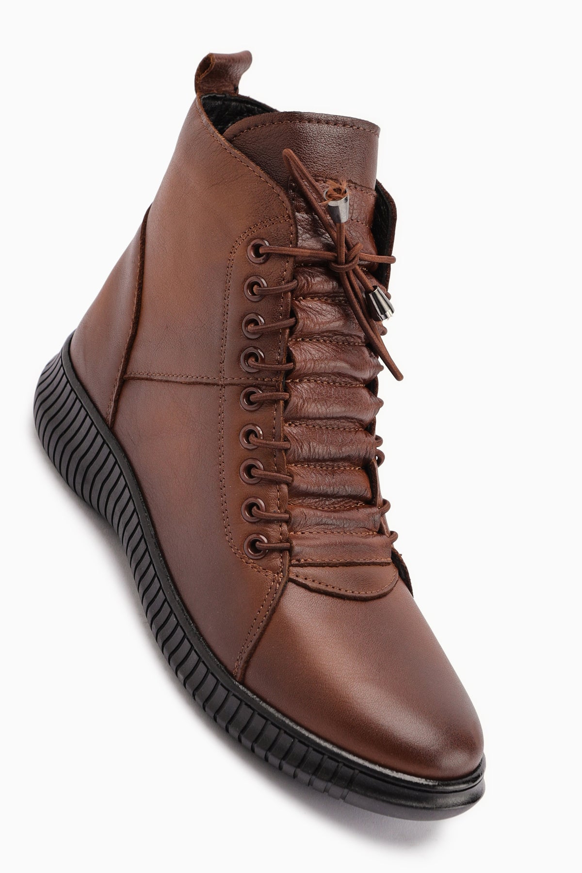 Jina Hakiki Deri Kahve Bağcıklı Kadın Bot