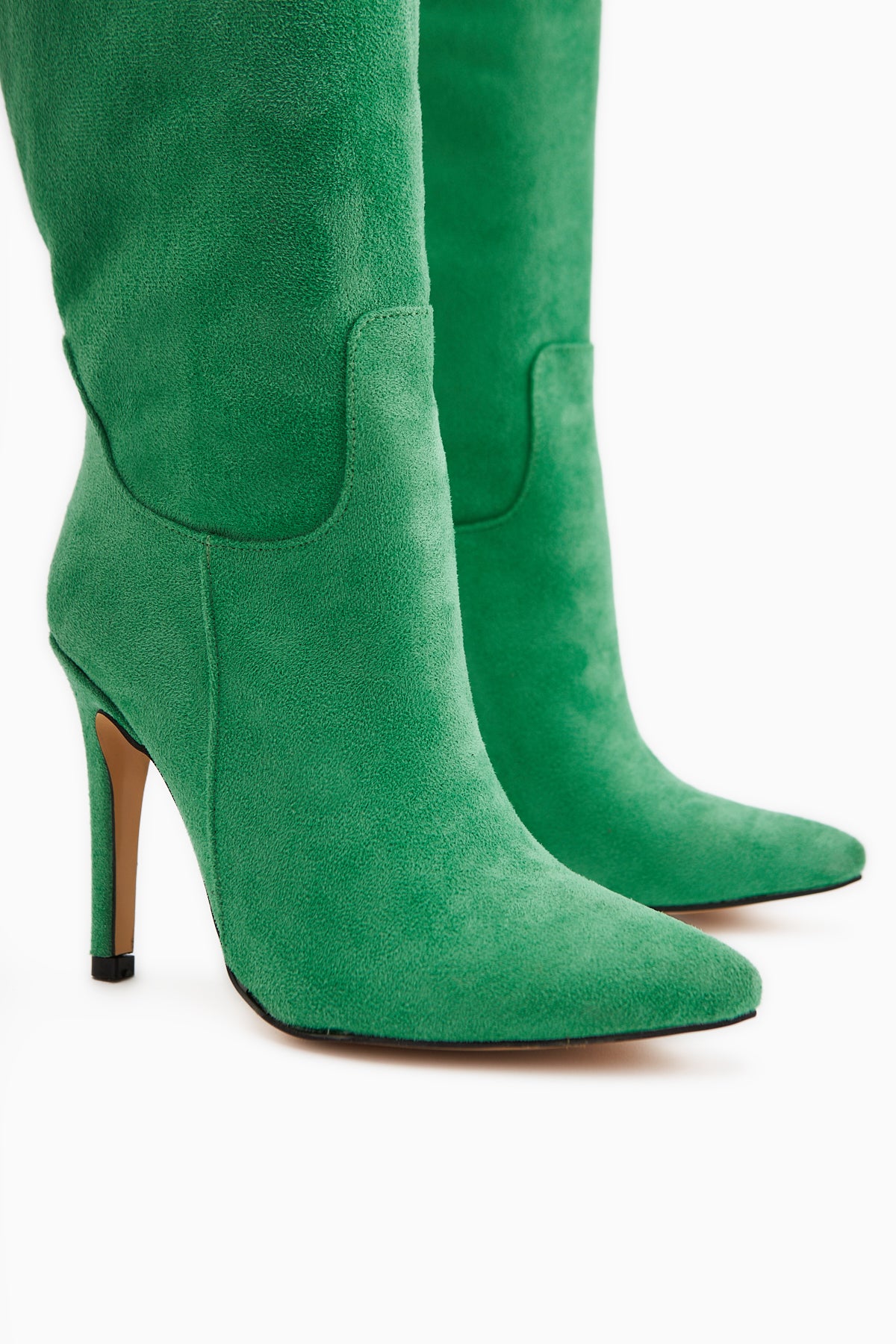 Nenya Yesil Süet Desenli Sivri Burunlu İnce Topuklu Dizüstü Çizme