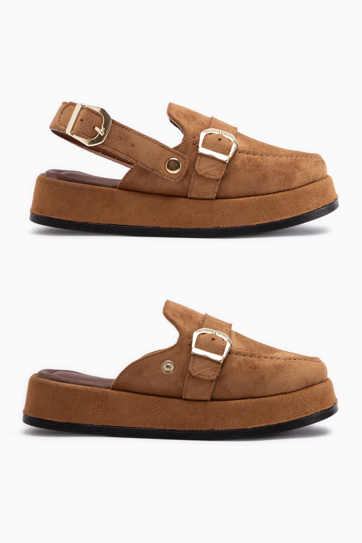 Gity Taba Süet Çift Tokalı Kadın Slingback Loafer Ayakkabı
