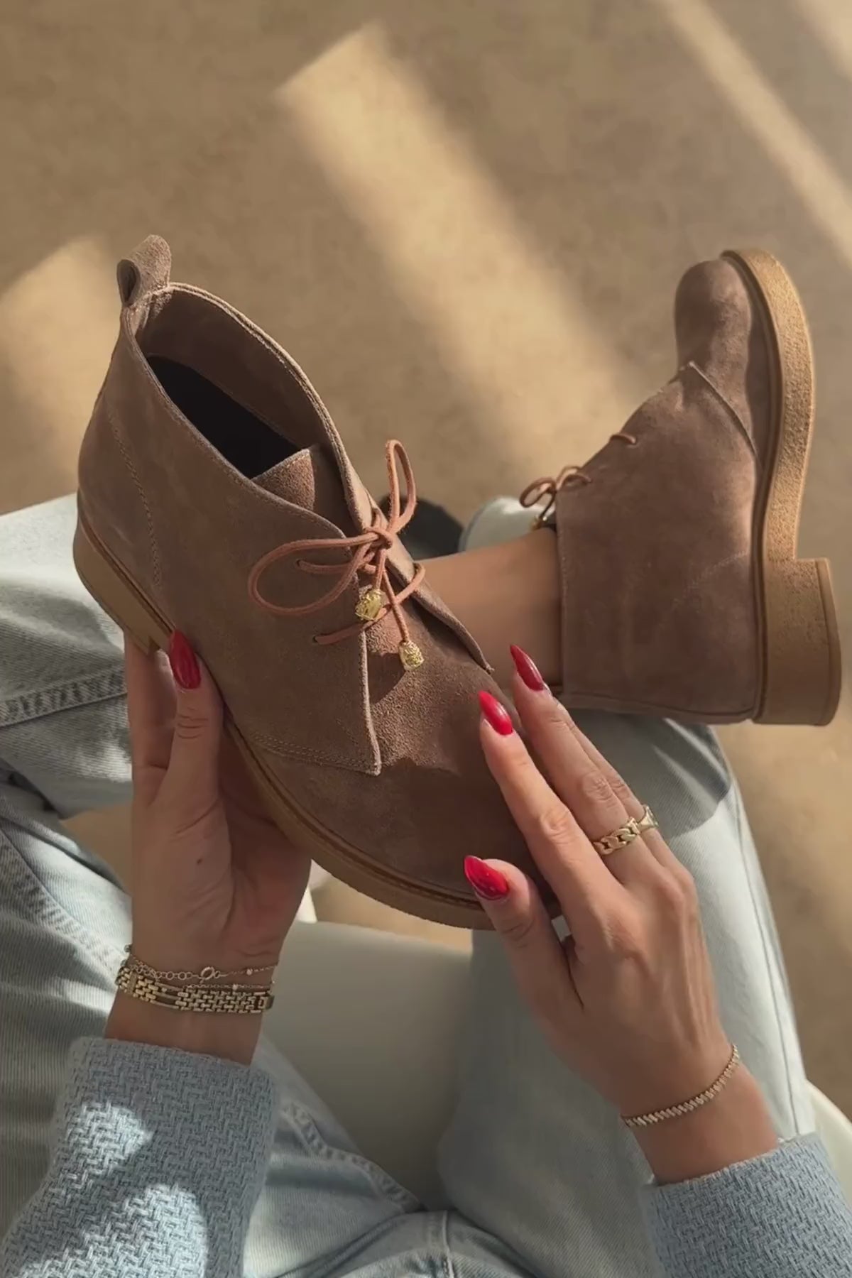 Henna Hakiki Deri Camel Süet Bağcıklı Kadın Bot