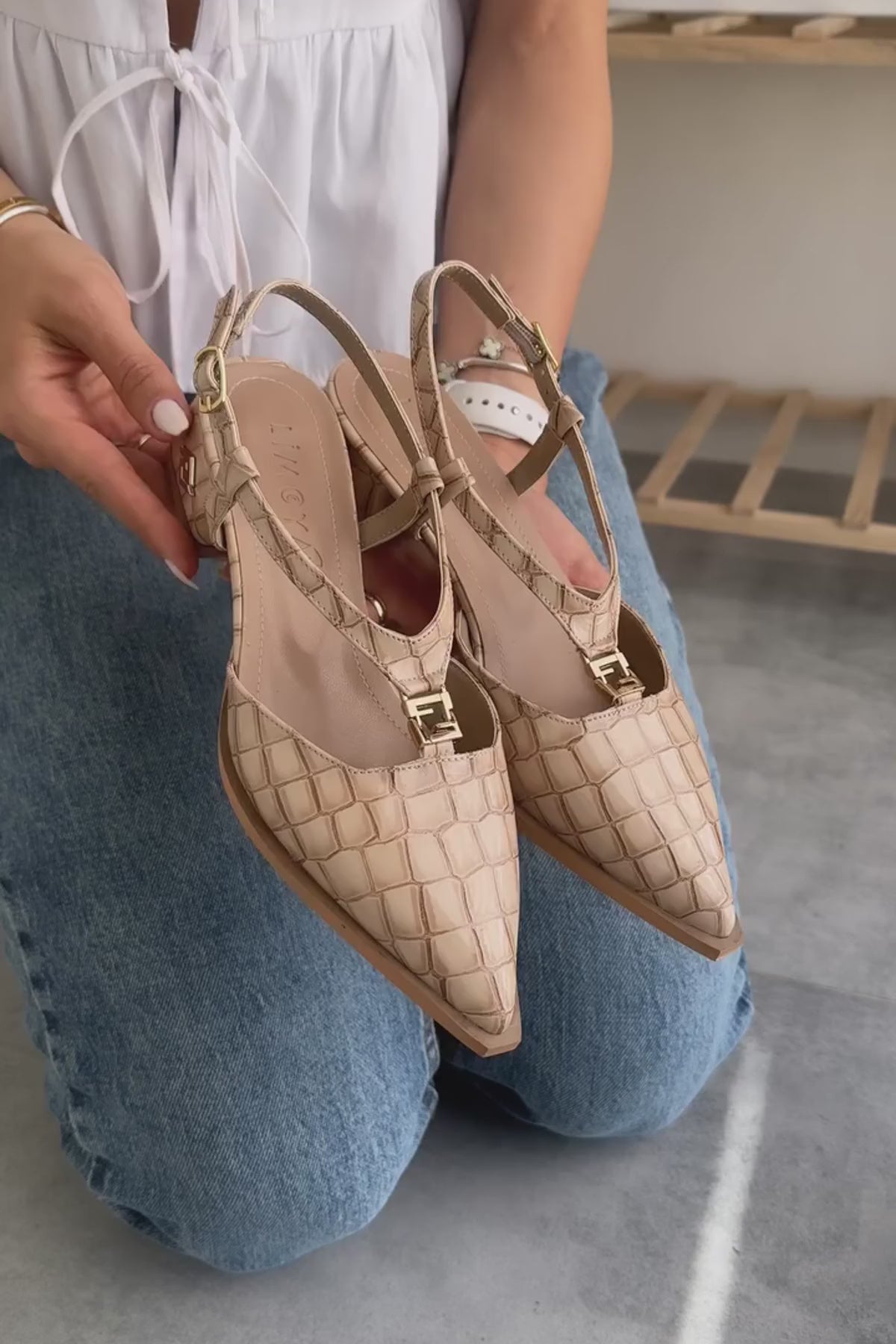 Ginny Bej Kroko Toka Detaylı Kısa Topuklu Kadın Sandalet