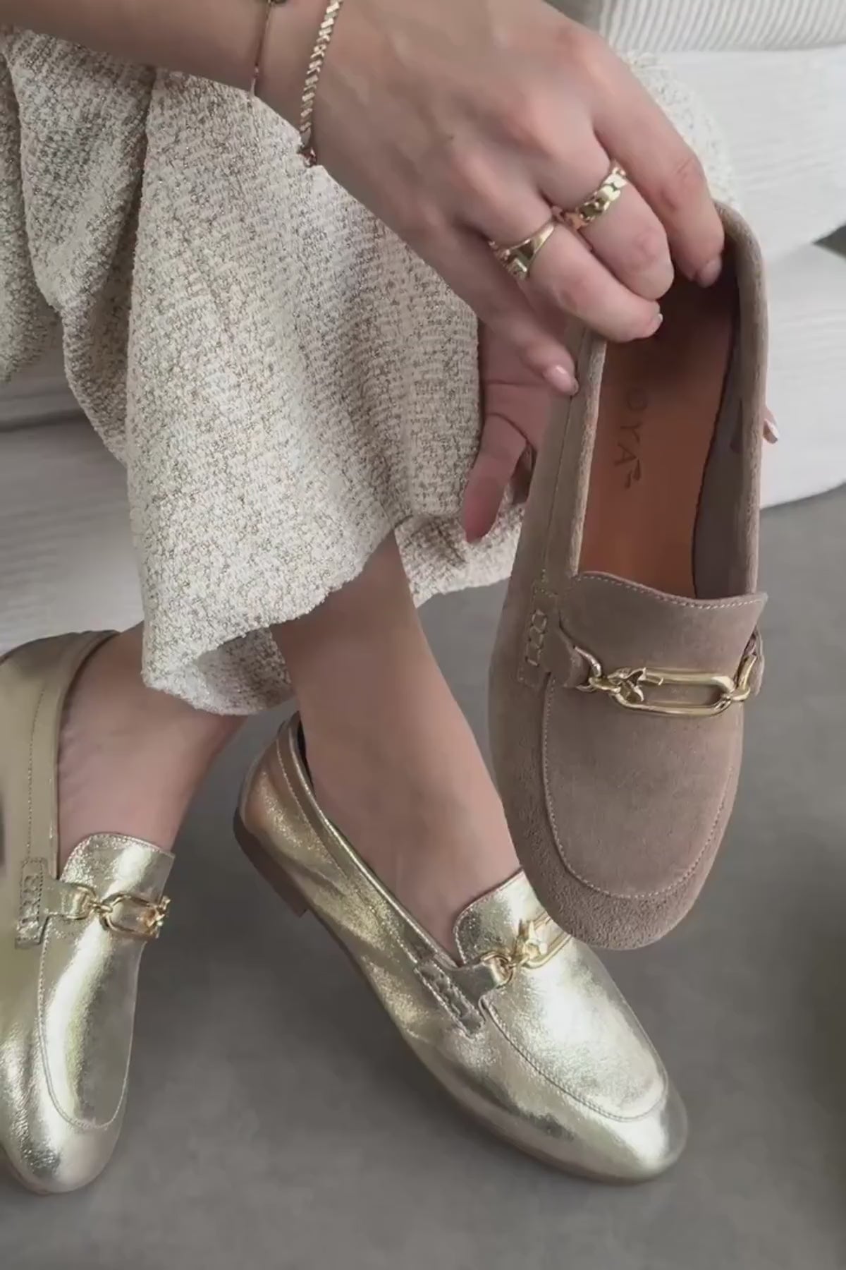 Alessa Hakiki Deri Altın Tokalı Loafer Kadın Günlük Makosen Ayakkabı